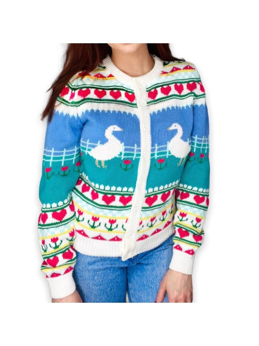 NWT Vintage Cottagecore Grannycore Goose Floral Hearts Knit Cardigan YXL /Small